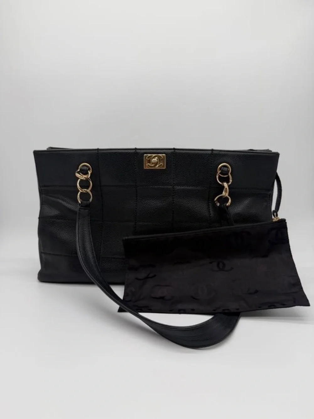 Vintage Chanel Caviar Tote Chocolate Bar Leather Tote with Gold Hardware